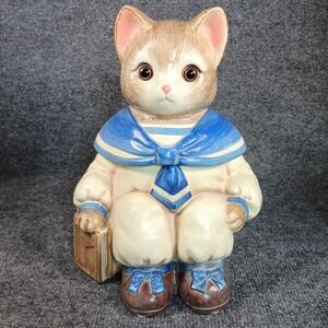 Vintage Sailor Cat Cookie Jar Ceramic Japan White Blue Kitsch Decor
